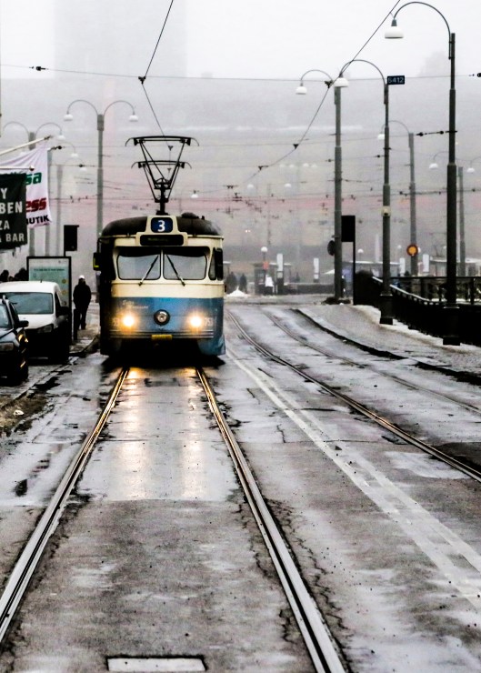 A tram approaches, Street photography, Gothenburg, wintertime